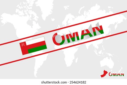 Oman map flag and text illustration, on world map