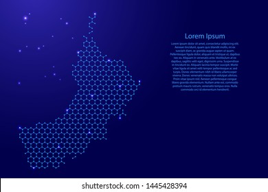 Oman map from futuristic hexagonal shapes, lines, points  blue and glowing stars in nodes, form of honeycomb or molecular structure for banner, poster, greeting card. Vector illustration.