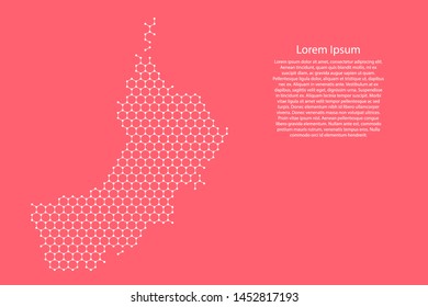 Oman map from futuristic hexagonal shapes, lines, points white, form of honeycomb or molecular structure on pink rose color coral background. Vector illustration.