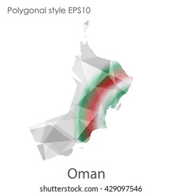 Oman map in geometric polygonal style.Abstract Oman map with triangle.Mosaic of Oman map background.