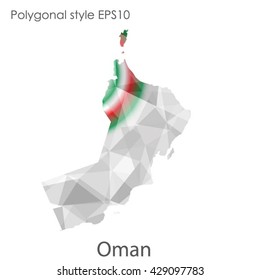 Oman map in geometric polygonal style.Abstract Oman map with triangle.Mosaic of Oman map background.