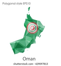 Oman map in geometric polygonal style.Abstract Oman map with triangle.Mosaic of Oman map background.