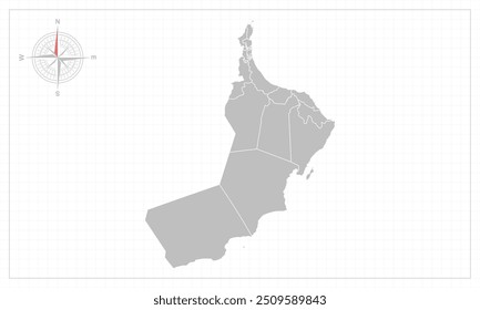 Oman map with grey style and compas element.