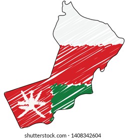 Oman map hand drawn sketch. Vector concept illustration flag, childrens drawing, scribble map. Country map for infographic, brochures and presentations isolated on white background. Vector