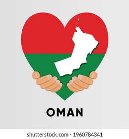 Oman Map in heart shape hold by hands vector illustration design