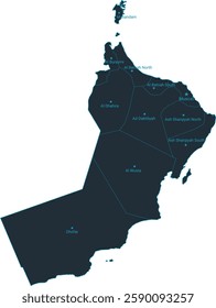 Oman map high detailed with administrative divide by state, capital cities names, outline simplicity style. Vector illustration EPS10.