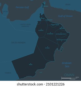 Oman map. High detailed map of Oman with countries, borders, cities, water objects. Vector illustration eps10