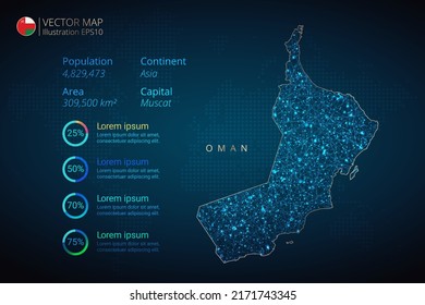 Oman map infographics vector template with abstract geometric mesh polygonal light concept on blue background. Template for diagram, graph, presentation and chart.