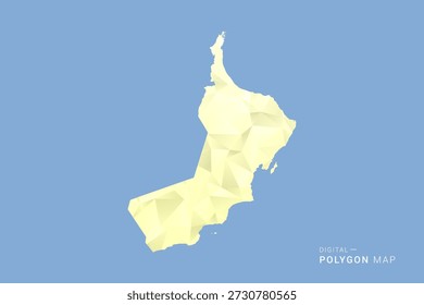 Mapa de Omã em estilo vetorial de polígono baixo, ilustração de forma geométrica com tons suaves amarelos no fundo azul, silhueta limpa para infográfico.