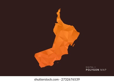 Oman Map - Low-Poly-Polygon-Vektor, geometrische dreieckige Silhouette in Orange und dunklen Brauntönen, sauber modernen Infografik-Stil, isolierter Hintergrund.
