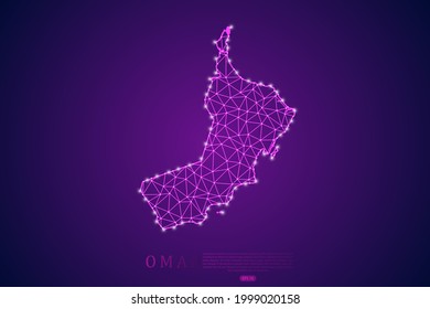 Oman Map mash line and point scales on purple technology background. Wire Frame 3D mesh polygonal network line, design sphere, dot and structure -  Vector illustration eps 10