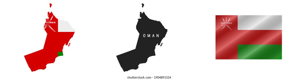 Oman. Map with masked flag. Detailed silhouette. Waving flag. Vector illustration isolated on white.