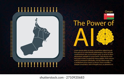 oman map with microchip war and AI concept on circuit board, Power of AI with country map. Global connectivity with big data. Design for UI backgrounds or FinTech projects.