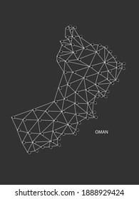 Oman Map Point scales on black background. Wire frame polygonal network white line, dot and shadow dot.
