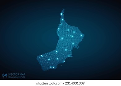 Oman map radial dotted pattern in futuristic style, design blue circle glowing outline made of stars. concept of communication on dark blue background. Vector EPS10