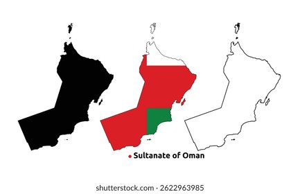 Oman Map Vector - Country Outline, Flag Inside Map, Blank and Silhouette Version