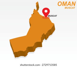 Oman Map Vektor, Muscat Capital City Marker auf Orange 3D Country Shape, Oman Infographic Design, Editable Destination Pointer Oman Geography