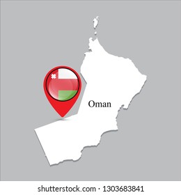 Oman map with white shadow and country name on the map. Check-in point with a national flag on a gray background.
