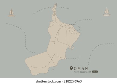 Oman Map - World Map International vector template High detailed with brown color isolated on grey background including simple point of location, wind, boat icon - Vector illustration eps 10