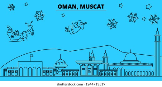 Oman, Mascat winter holidays skyline. Merry Christmas, Happy New Year decorated banner with Santa Claus.Oman, Mascat linear christmas city vector flat illustration