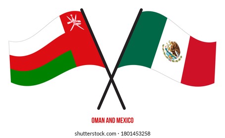 Oman and Mexico Flags Crossed And Waving Flat Style. Official Proportion. Correct Colors.