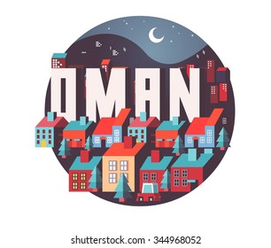 Oman in middle east is a beautiful country to visit. vintage vector illustration.