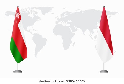 Oman and Monaco flags for official meeting against background of world map.