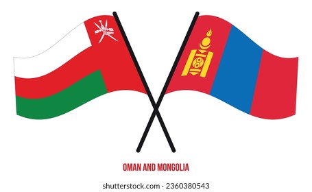 Oman- und Mongolei-Fahnen überquerten und schwellenden Flachstil. Offizieller Anteil. Korrigieren Sie Farben.