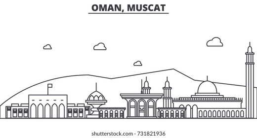 Oman, Muscat architecture line skyline illustration. Linear vector cityscape with famous landmarks, city sights, design icons. Landscape wtih editable strokes