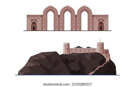 Oman Muscat City Historical Building and Landmarks with Nizwa Fort and Arch Vector Set