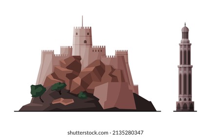 Oman Muscat City Historical Building and Landmarks with Nizwa Fort and Tall Tower Vector Set