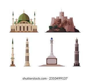 Oman Muscat City Historical Building and Landmarks with Authentic Heritage Vector Set