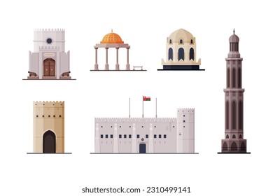 Oman Muscat City Historical Building and Landmarks with Authentic Heritage Vector Set