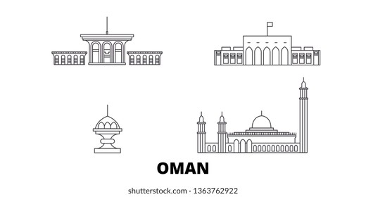 Oman, Muscat line travel skyline set. Oman, Muscat outline city vector illustration, symbol, travel sights, landmarks.