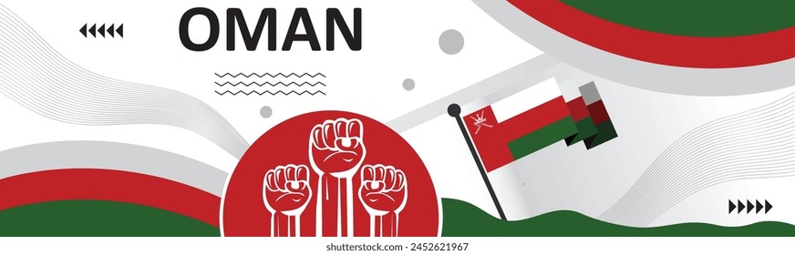 Oman national day banner, Happy holiday. creative independence day banner with raising hand. Poster, card, banner, template, for Celebrate annual..eps