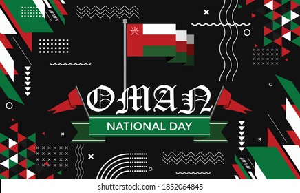 Oman national day banner for independence day anniversary. Flag of oman & modern geometric retro abstract design. Red green color theme with black background. 
