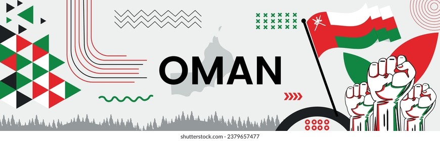 Oman national day banner with map, flag colors theme background and geometric abstract retro modern colorfull design with raised hands or fists.