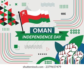 Oman national day banner with map, flag colors theme background and geometric abstract retro modern colorfull design with raised hands or fists.