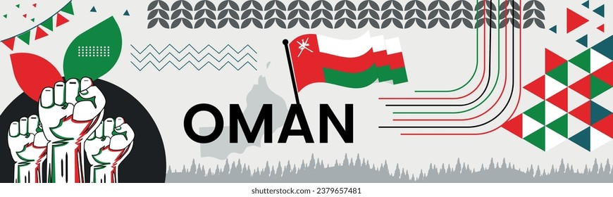 Oman national day banner with map, flag colors theme background and geometric abstract retro modern colorfull design with raised hands or fists.