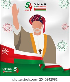 Banner do dia nacional de Omã em estilo moderno com o personagem árabe de oman vestindo roupas tradicionais e o dia de independência do aniversário de logotipo de 54 anos com bandeira de fita do vetor de fundo oman