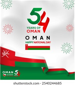 Oman national day banner in modern style with the 54 years logo anniversary independence day and combining with ribbon flag of oman as background eps vector illustration editable text