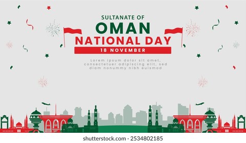 Oman National Day Banner mit Skyline und Feuerwerk - 18 November Feier Grafik