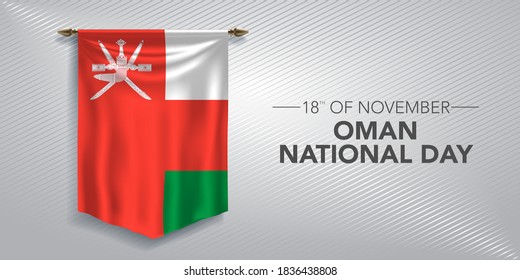 Oman national day greeting card, banner, vector illustration. Omani day 18th of November background with pennant