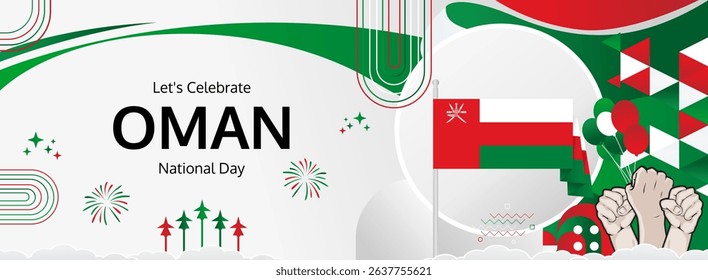 Oman National Day modern greeting banner. 18 November as Oman National Independence Day. Festive horizontal background with flag colors, great for carnival poster, celebrations, holidays flash sale