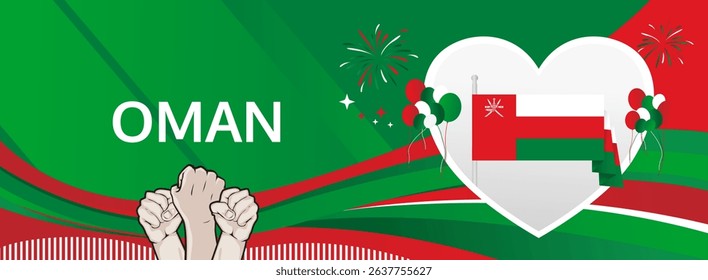 Oman National Day modern greeting banner. 18 November as Oman National Independence Day. Festive horizontal background with flag colors, great for carnival poster, celebrations, holidays flash sale