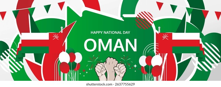 Oman National Day modern greeting banner. 18 November as Oman National Independence Day. Festive horizontal background with flag colors, great for carnival poster, celebrations, holidays flash sale