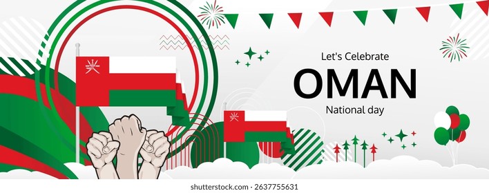 Oman National Day modern greeting banner. 18 November as Oman National Independence Day. Festive horizontal background with flag colors, great for carnival poster, celebrations, holidays flash sale