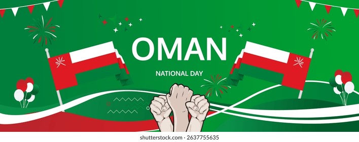 Oman National Day modern greeting banner. 18 November as Oman National Independence Day. Festive horizontal background with flag colors, great for carnival poster, celebrations, holidays flash sale