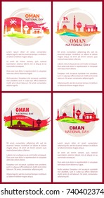 Oman national day set of posters with mosques and flags, text sample that give additional information on topic on vector illustration