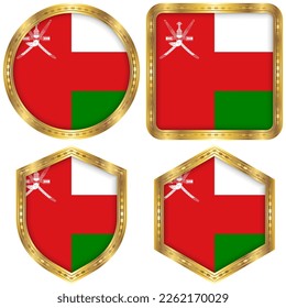 Oman National Flag Collection Set of Circular, Square, Shield, Hexagon Gold Border Logo Button Icon Vector Design Isolated on White Background
